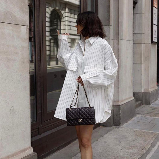Camisa informal de manga larga a rayas con solapa para mujer