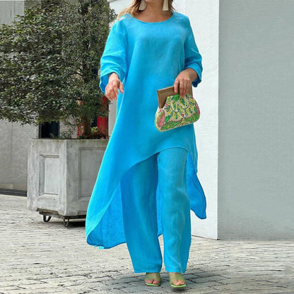 Conjunto de top y pantalones anchos de manga larga irregulares de algodón y lino de color liso informal para mujer