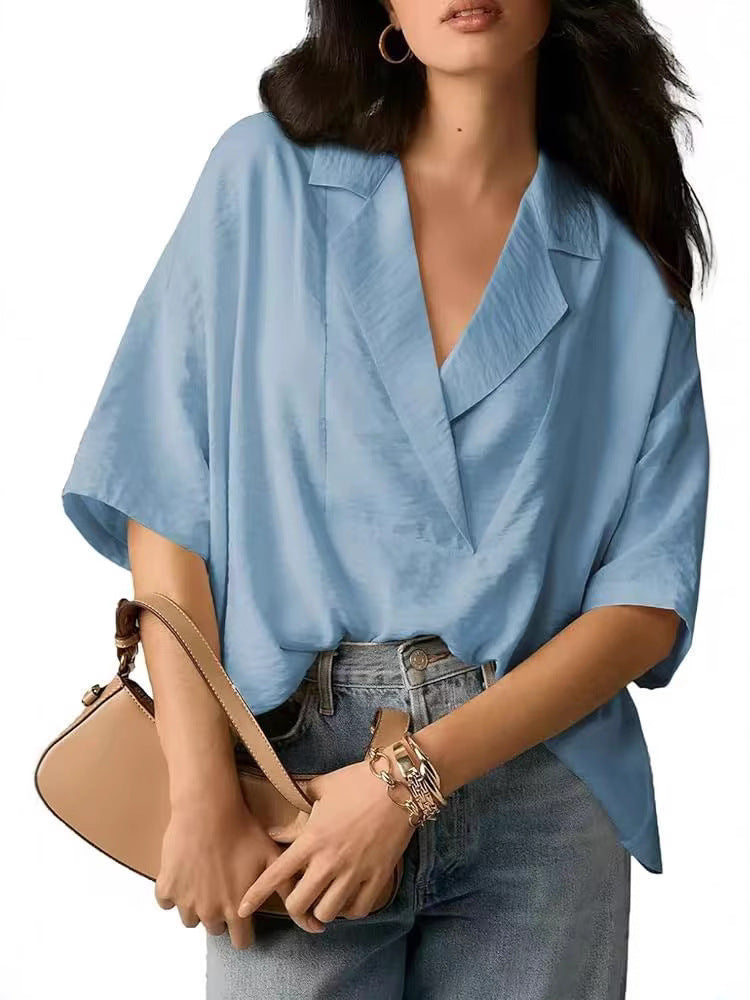 Women Fashion Casual Solid Color Lapel Short-Sleeve Loose Crop Top
