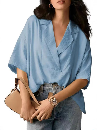 Women Fashion Casual Solid Color Lapel Short-Sleeve Loose Crop Top