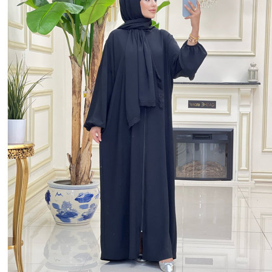 Women Vintage Casual Solid Color Abaya Long Sleeve Zipper Maxi Dress With Turban