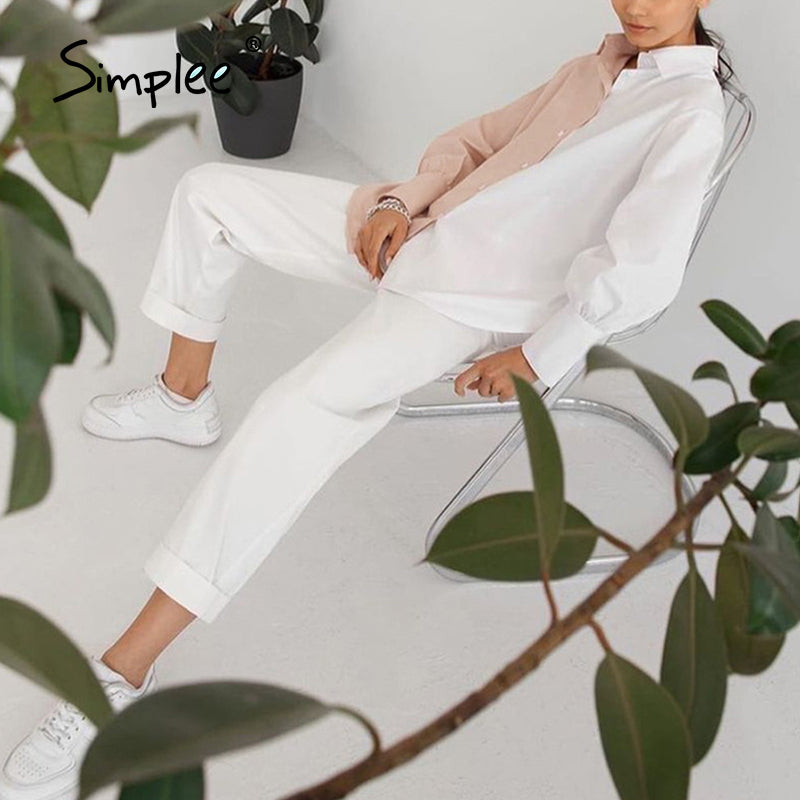 Blusa informal de trabajo para mujer con mangas largas abullonadas, botonadura sencilla y diseño de bloques de color