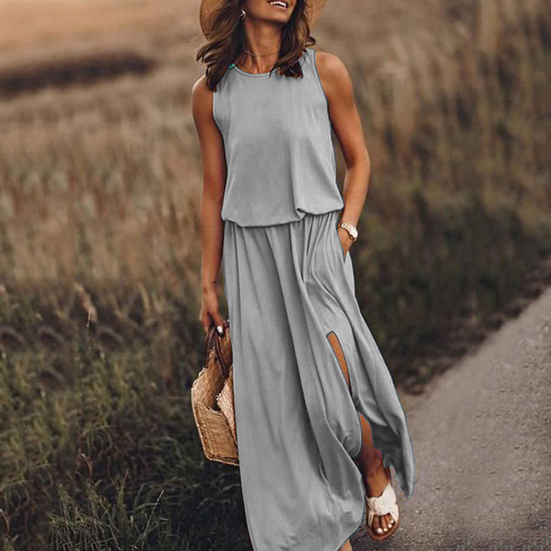 Summer Women Casual Basic Round Neck Sleeveless Side-slit Solid Color Long Dress