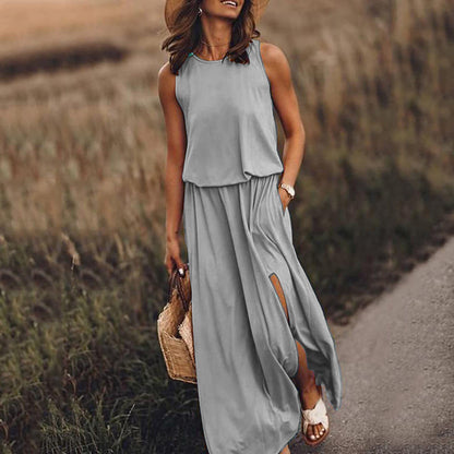 Summer Women Casual Basic Round Neck Sleeveless Side-slit Solid Color Long Dress