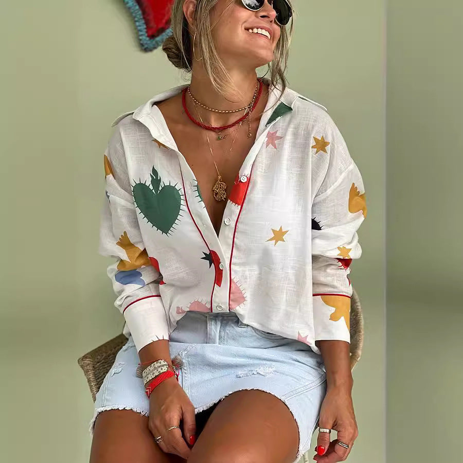 Blusa holgada informal de manga larga con solapa y estampado para mujer