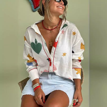 Blusa holgada informal de manga larga con solapa y estampado para mujer