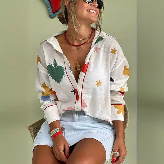 Blusa holgada informal de manga larga con solapa y estampado para mujer