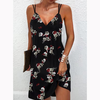 Summer Women Casual V-Neck Printed Mini Suspender Dress