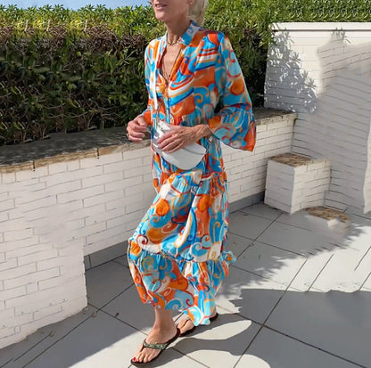 Vestido largo informal de verano para mujer, con escote en V y cintura alta, estampado para vacaciones y playa