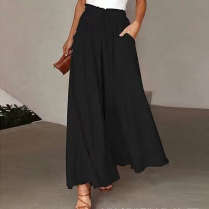 Women Solid Color Loose Casual Elastic Wasit Wide-Leg Pants