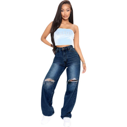 Women Casual Raw Hem Ripped Denim Wide Leg Jeans
