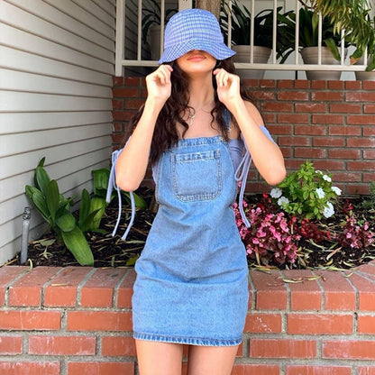Women Fashion Casual Denim Suspender Loose Dress