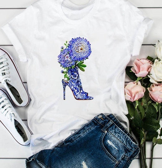 Camiseta holgada informal de manga corta con estampado floral para mujer