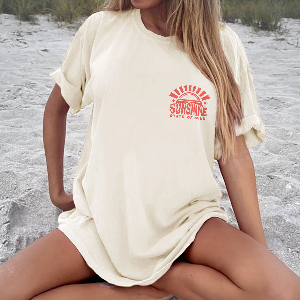 Camiseta holgada informal con cuello redondo y mangas cortas para mujer