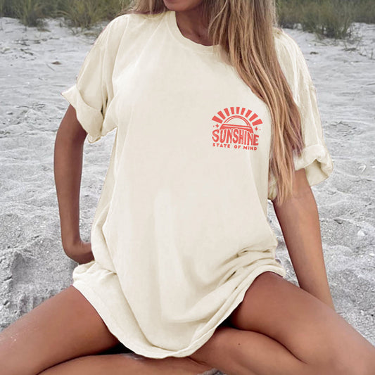 Camiseta holgada informal con cuello redondo y mangas cortas para mujer