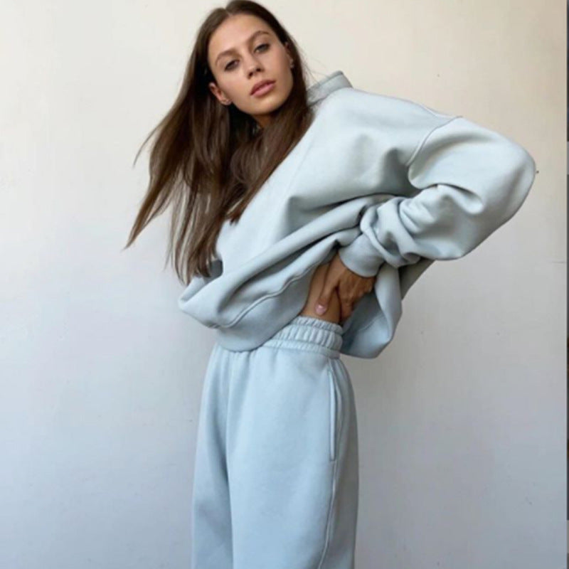 Conjunto deportivo básico informal de otoño para mujer, de manga larga, color liso, con capucha y pantalones de chándal