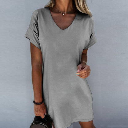 Casual Office Chic Women Solid Color V Neck Short Sleeve Loose Dress