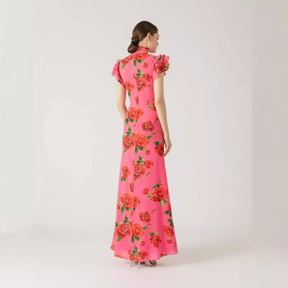 Vestido largo estilo cheongsam con mangas cortas y volantes, estampado floral de rosas, informal, para mujer