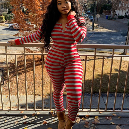 Women Fashion Casual Stripe Printing Long Sleeve Jumpsuit