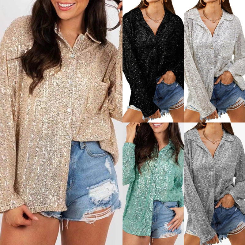Spring Autumn Women Fashion Sequins Long Sleeve Lapel Elegant Casual Shirt Blouse