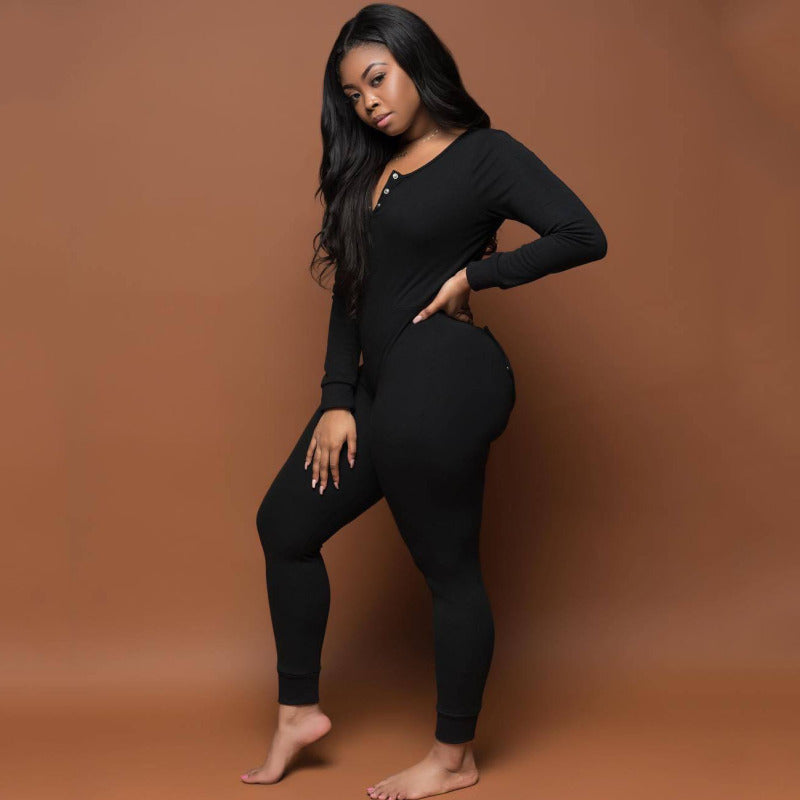 Women Fashion Casual Solid Color Single-Breasted Long Sleeve Tight Jumpsuit