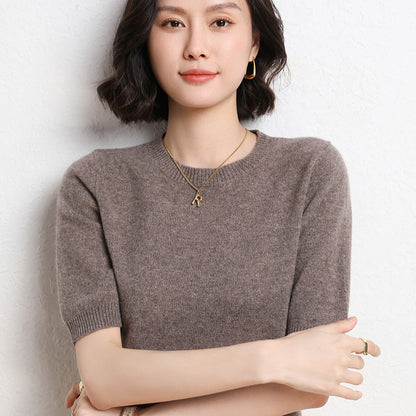 Spring And Summer Women Solid Color Casual Versatile Knitted Short-Sleeved Round Neck Knitwear Sweater