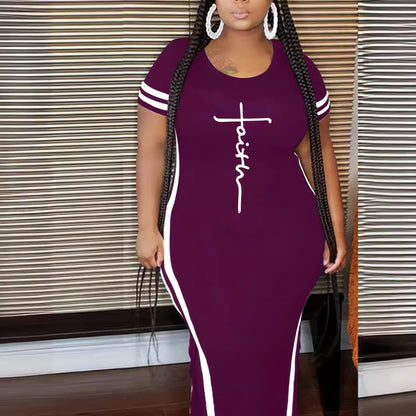 Women Fashion Casual Printed Split Short Sleeve Round Neck Plus Size Dress