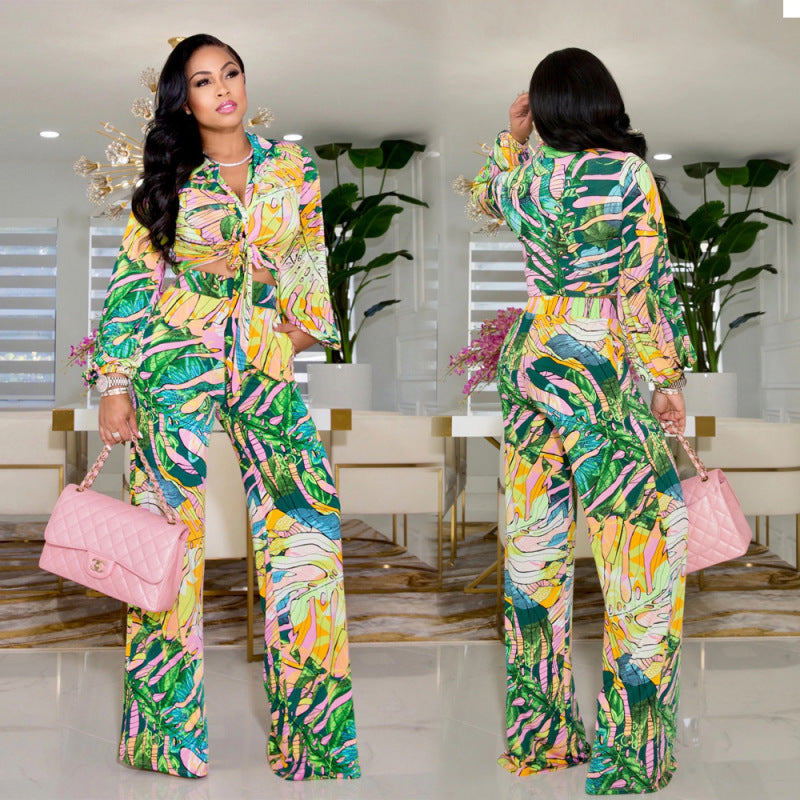 Conjunto de dos piezas de moda para mujer, con estampado floral, top corto sexy con cordones y pantalones casuales