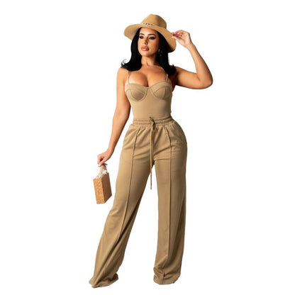 Conjunto de camiseta y pantalón recto de verano para mujer, informal, de color liso