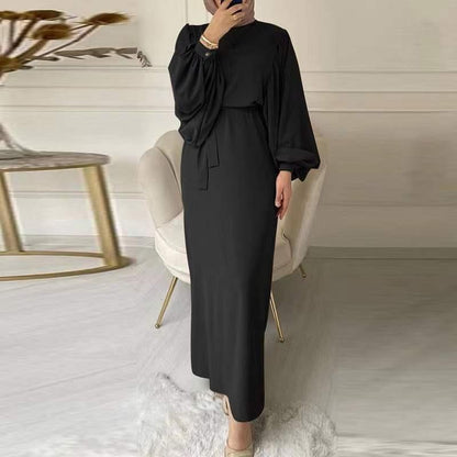 Women Fashion Casual Solid Color Round Neck Puff Sleeve Maxi Dress