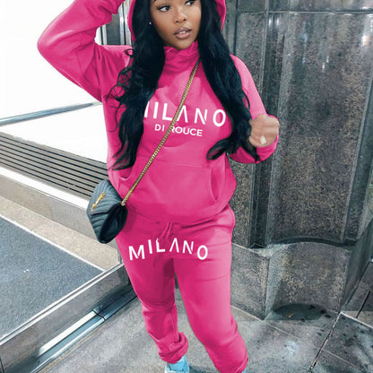 Athleisure Winter Women Loose Casual Letter Printing Long-Sleeved Hooded Sweatshirt Pants Two-Piece Set