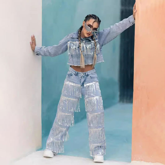Vaqueros rectos con borlas y lentejuelas para mujer, estilo casual y creativo