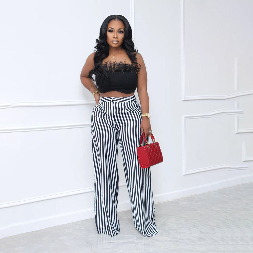 Women Fashion Casual Multicolor Stripe Wide Leg Pants