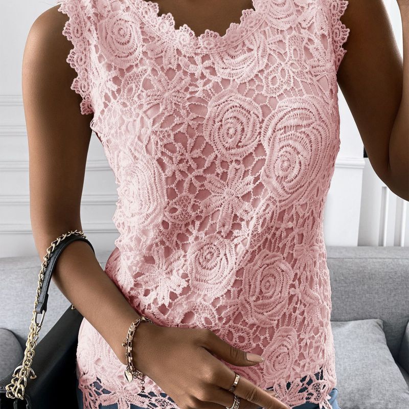 Women Basic Elegant Summer U Neck Sleeveless Solid Color Casual Fashion Lace Tank Top