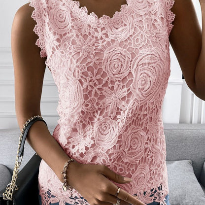 Women Basic Elegant Summer U Neck Sleeveless Solid Color Casual Fashion Lace Tank Top