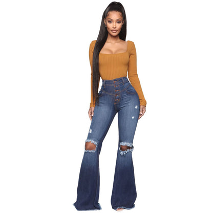 Women Casual Elegant Raw Hem Ripped Flare Jeans