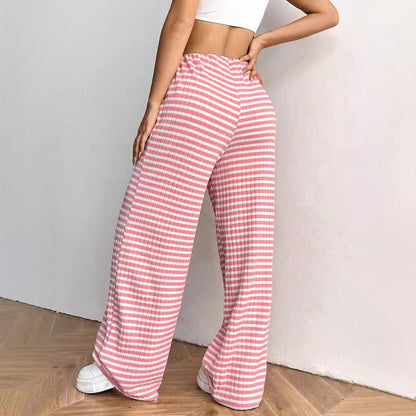 Women Casual Loose Stripe Solid Color Drawstring Pants