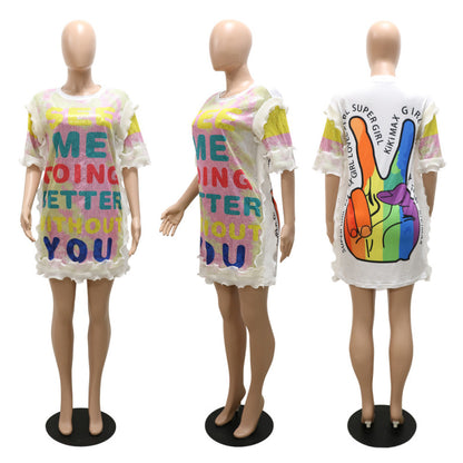 Women Casual Creative Letter Sequins Round Neck Short Sleeves Summer Dress