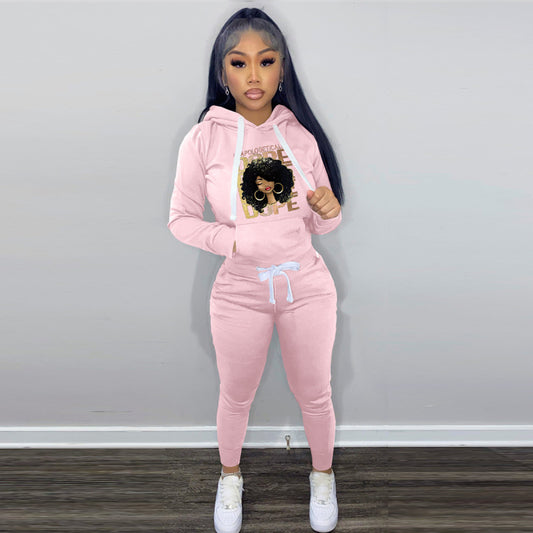 Women Printed Hooded Long Sleeve Top And Pants Casual Sports Two Pieces Set