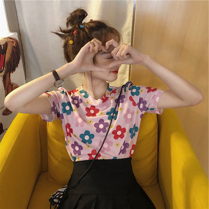 Camiseta informal de manga corta con estampado floral dulce para mujer