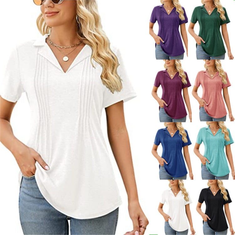 Camiseta informal de verano para mujer, con cuello en V y manga corta en blanco