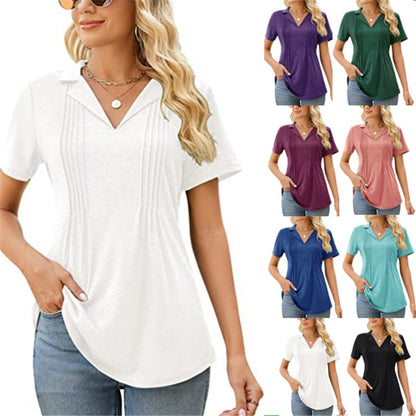 Camiseta informal de verano para mujer, con cuello en V y manga corta en blanco