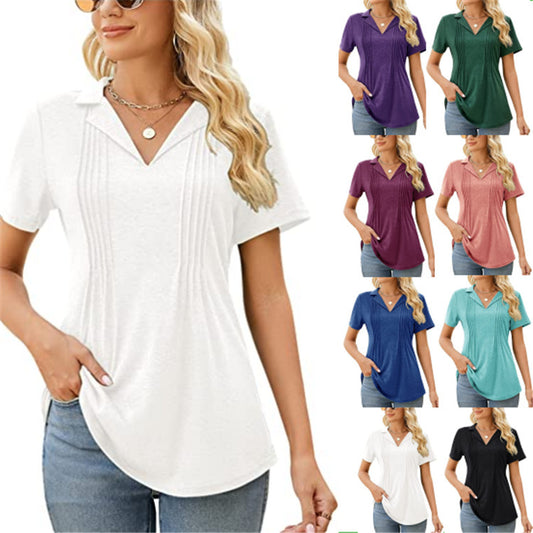 Camiseta informal de verano para mujer, con cuello en V y manga corta en blanco