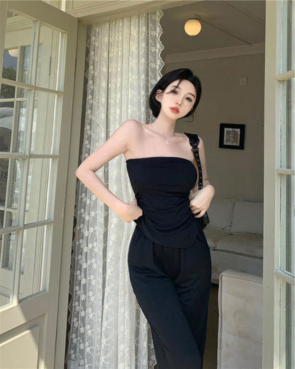 Conjunto de 2 piezas de verano para mujer, top de tubo irregular y pantalones anchos informales de cintura alta a la moda