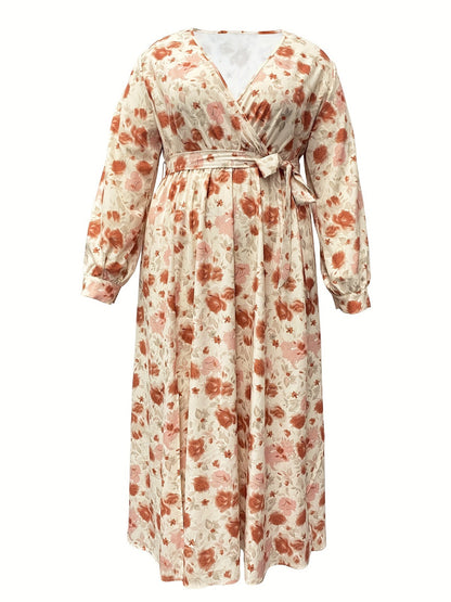 Women Fashion Casual Floral Printed Lace-Up V-Neck Long-Sleeved Irregular Plus Size Dress