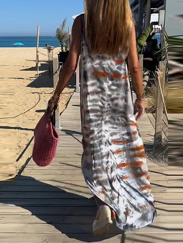 Summer Fashion Casual Women Tie Dye Print V Neck Sleeveless Maxi Dress