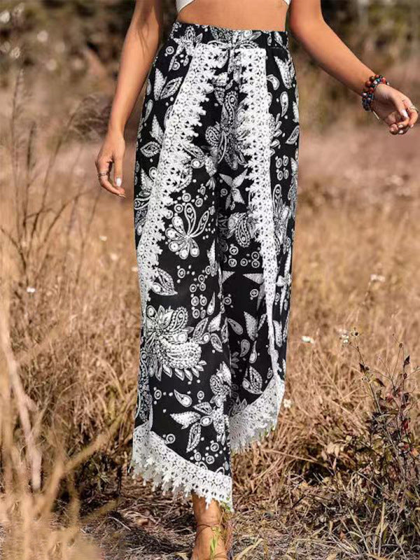 Women'S Fashion Vintage Boho Casual Paisley Printing Lace Tassel Loose Trousers Pants