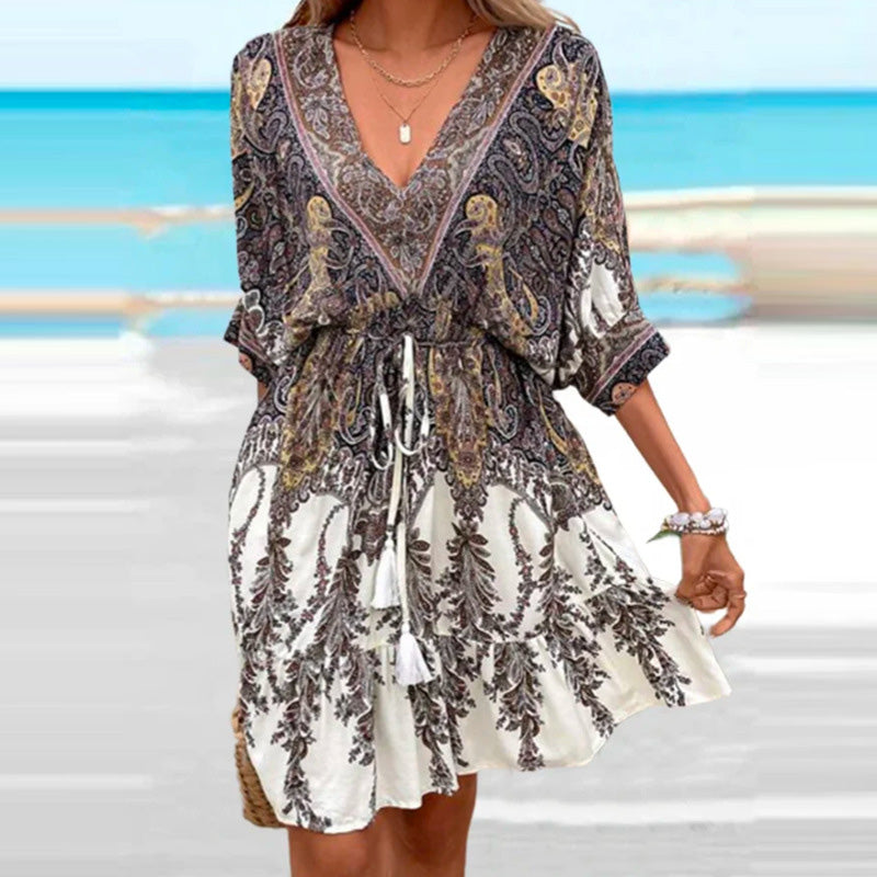 Western Summer Women Casual V-Neck Graphic Printing Dress