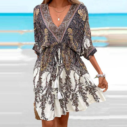 Western Summer Women Casual V-Neck Graphic Printing Dress