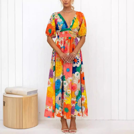 Women Casual Fashion Printed V-Neck Puff Sleeve Vacation Maxi Dress